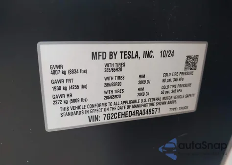 2024 Tesla Cybertruck All-Wheel Drive z USA, uszkodzony, nr VIN 7G2CEHED4RA048571